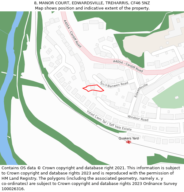 8, MANOR COURT, EDWARDSVILLE, TREHARRIS, CF46 5NZ: Location map and indicative extent of plot