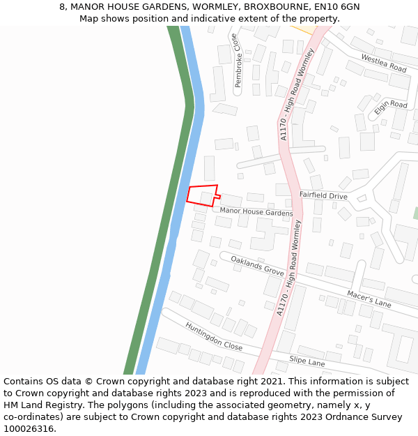 8, MANOR HOUSE GARDENS, WORMLEY, BROXBOURNE, EN10 6GN: Location map and indicative extent of plot