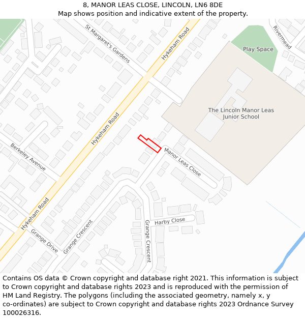 8, MANOR LEAS CLOSE, LINCOLN, LN6 8DE: Location map and indicative extent of plot