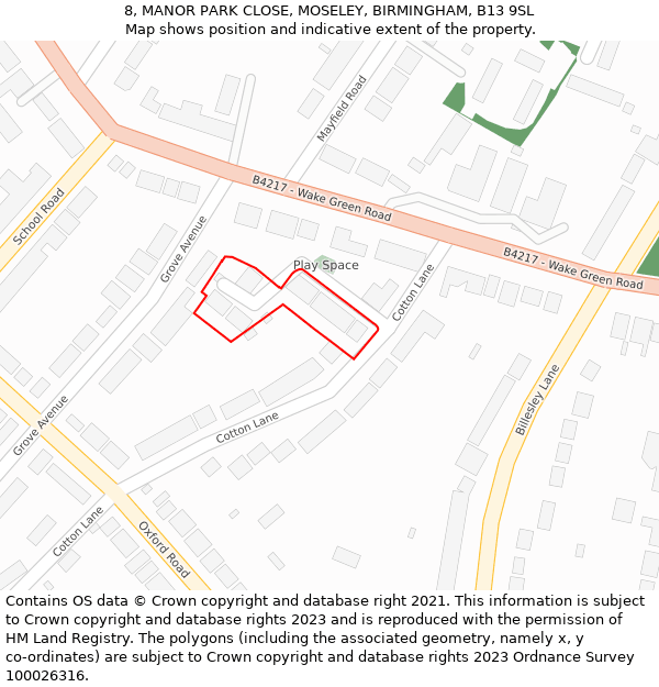 8, MANOR PARK CLOSE, MOSELEY, BIRMINGHAM, B13 9SL: Location map and indicative extent of plot