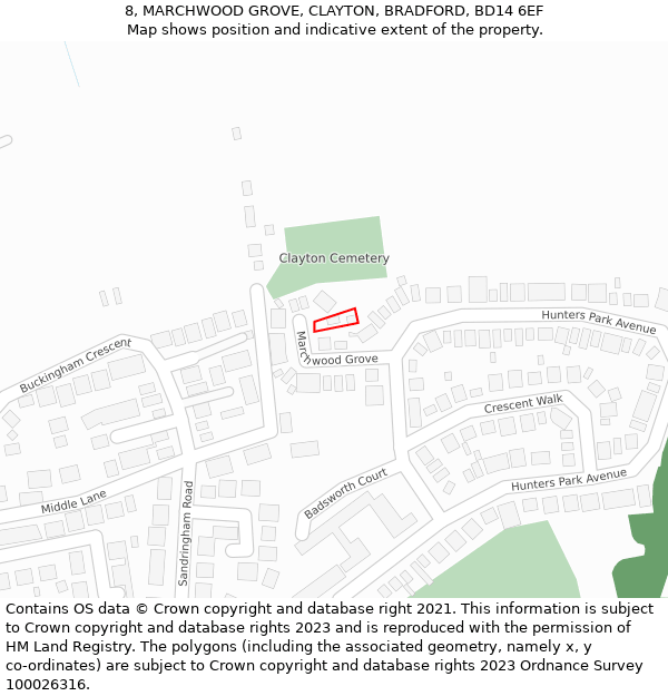 8, MARCHWOOD GROVE, CLAYTON, BRADFORD, BD14 6EF: Location map and indicative extent of plot