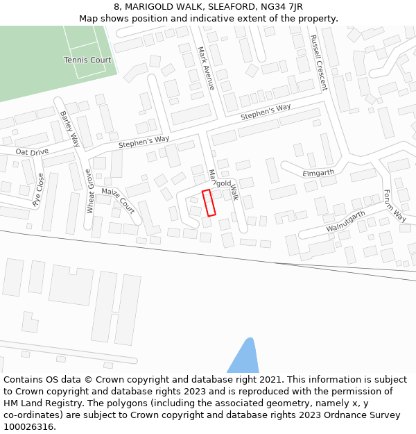 8, MARIGOLD WALK, SLEAFORD, NG34 7JR: Location map and indicative extent of plot