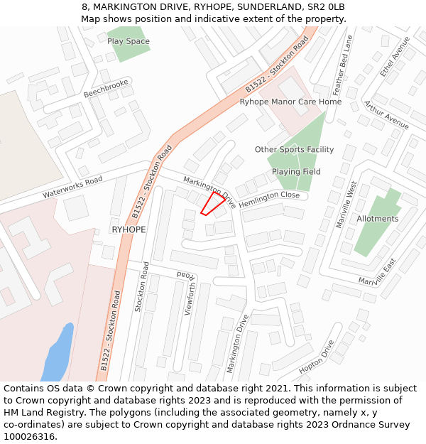 8, MARKINGTON DRIVE, RYHOPE, SUNDERLAND, SR2 0LB: Location map and indicative extent of plot