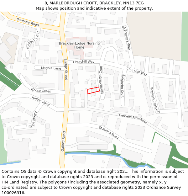 8, MARLBOROUGH CROFT, BRACKLEY, NN13 7EG: Location map and indicative extent of plot