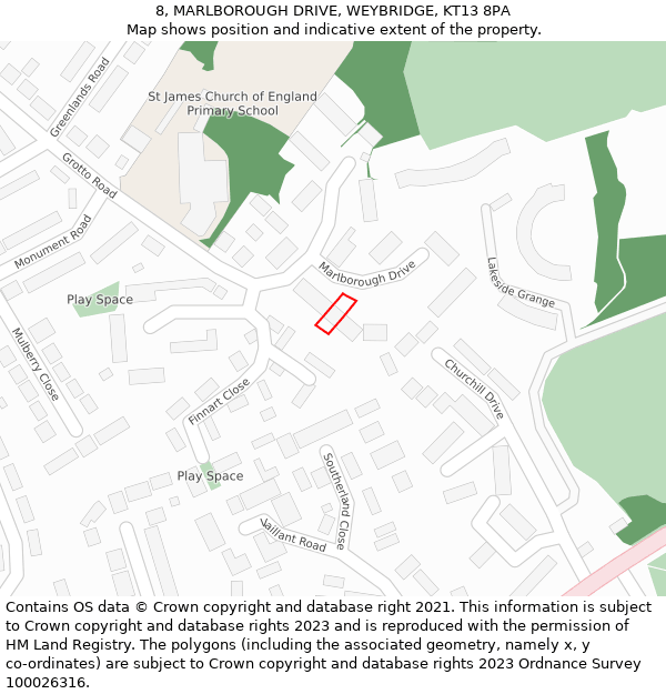 8, MARLBOROUGH DRIVE, WEYBRIDGE, KT13 8PA: Location map and indicative extent of plot