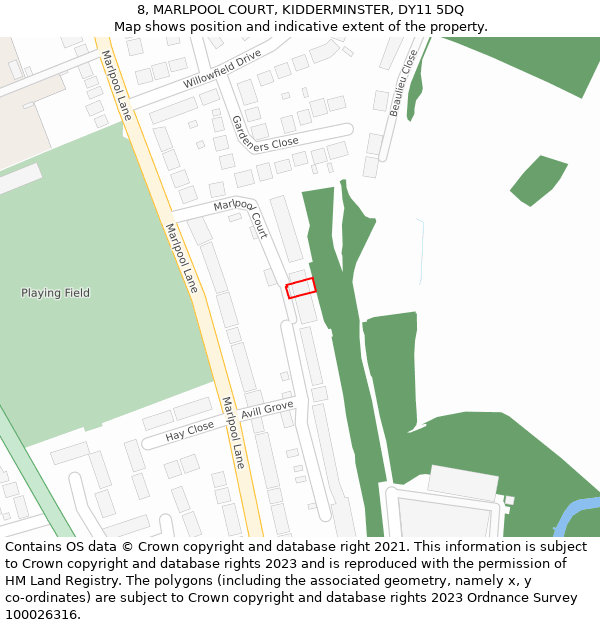 8, MARLPOOL COURT, KIDDERMINSTER, DY11 5DQ: Location map and indicative extent of plot