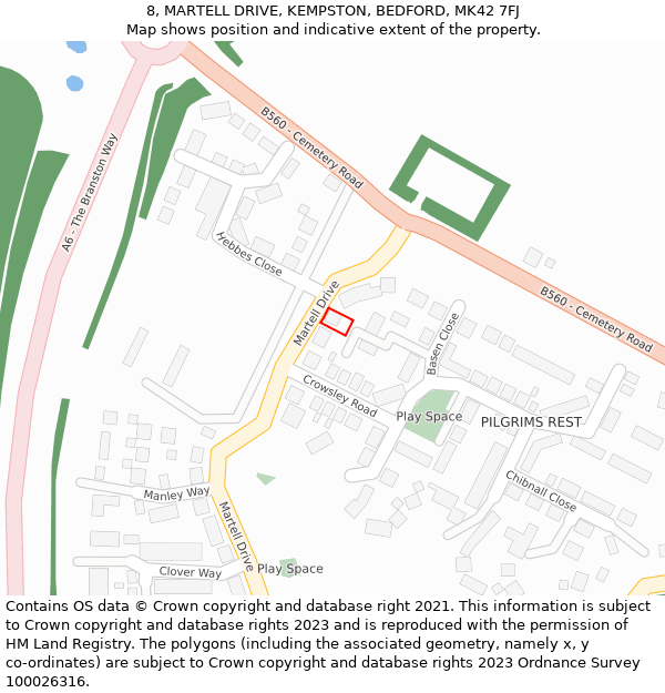 8, MARTELL DRIVE, KEMPSTON, BEDFORD, MK42 7FJ: Location map and indicative extent of plot