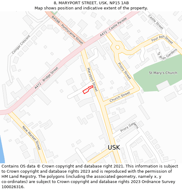 8, MARYPORT STREET, USK, NP15 1AB: Location map and indicative extent of plot