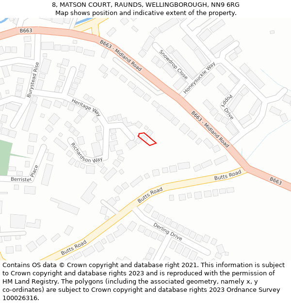 8, MATSON COURT, RAUNDS, WELLINGBOROUGH, NN9 6RG: Location map and indicative extent of plot