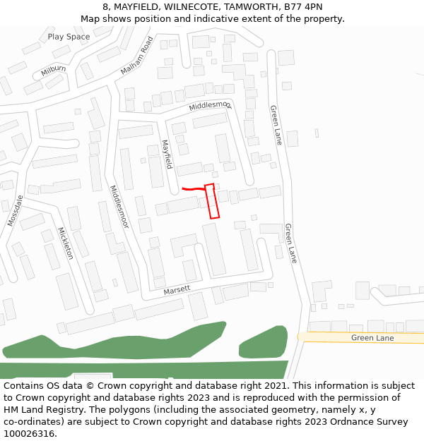 8, MAYFIELD, WILNECOTE, TAMWORTH, B77 4PN: Location map and indicative extent of plot