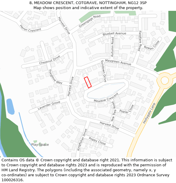 8, MEADOW CRESCENT, COTGRAVE, NOTTINGHAM, NG12 3SP: Location map and indicative extent of plot