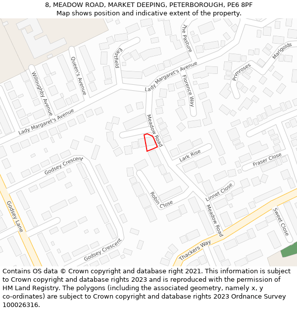 8, MEADOW ROAD, MARKET DEEPING, PETERBOROUGH, PE6 8PF: Location map and indicative extent of plot