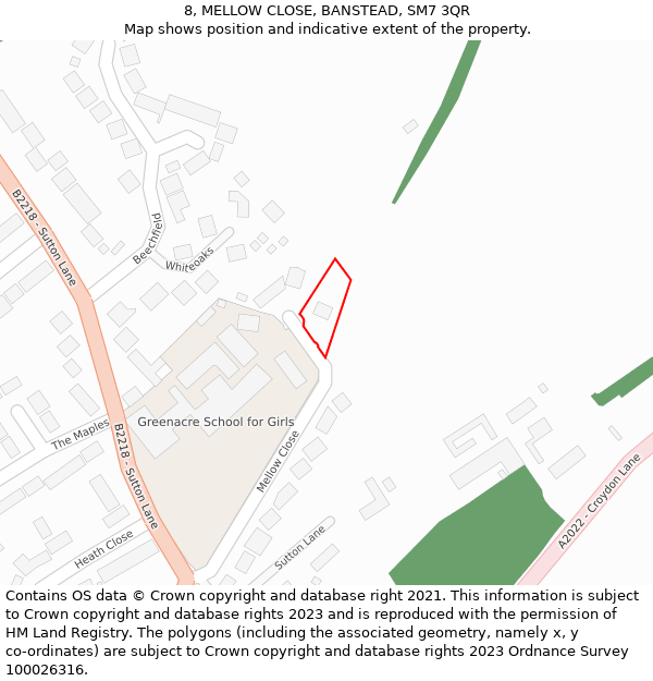 8, MELLOW CLOSE, BANSTEAD, SM7 3QR: Location map and indicative extent of plot