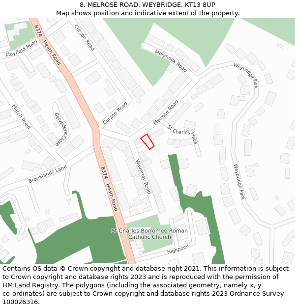 8, MELROSE ROAD, WEYBRIDGE, KT13 8UP: Location map and indicative extent of plot