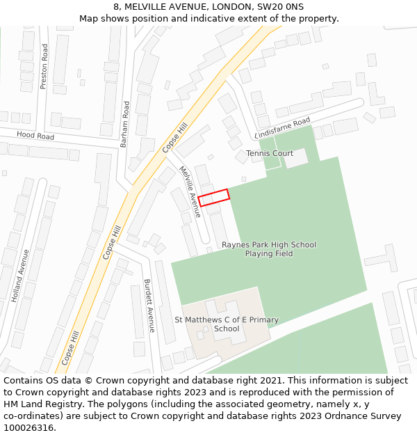 8, MELVILLE AVENUE, LONDON, SW20 0NS: Location map and indicative extent of plot