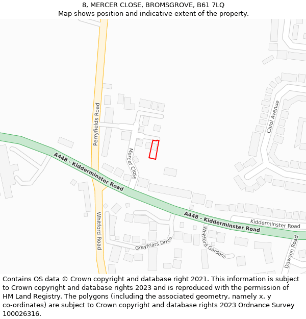 8, MERCER CLOSE, BROMSGROVE, B61 7LQ: Location map and indicative extent of plot