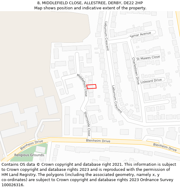 8, MIDDLEFIELD CLOSE, ALLESTREE, DERBY, DE22 2HP: Location map and indicative extent of plot