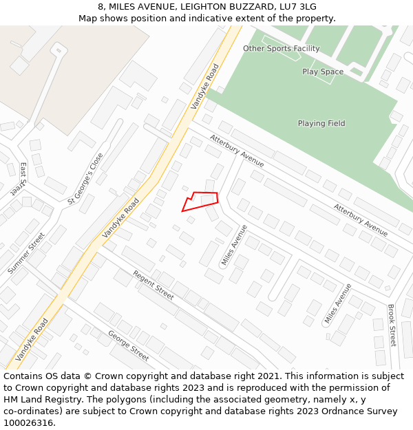 8, MILES AVENUE, LEIGHTON BUZZARD, LU7 3LG: Location map and indicative extent of plot