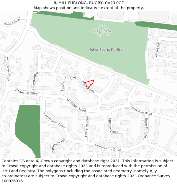 8, MILL FURLONG, RUGBY, CV23 0GF: Location map and indicative extent of plot