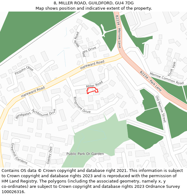 8, MILLER ROAD, GUILDFORD, GU4 7DG: Location map and indicative extent of plot