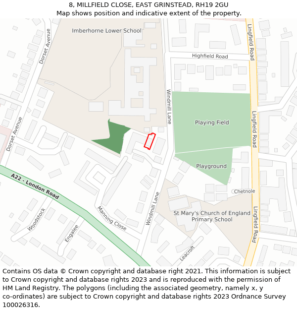 8, MILLFIELD CLOSE, EAST GRINSTEAD, RH19 2GU: Location map and indicative extent of plot