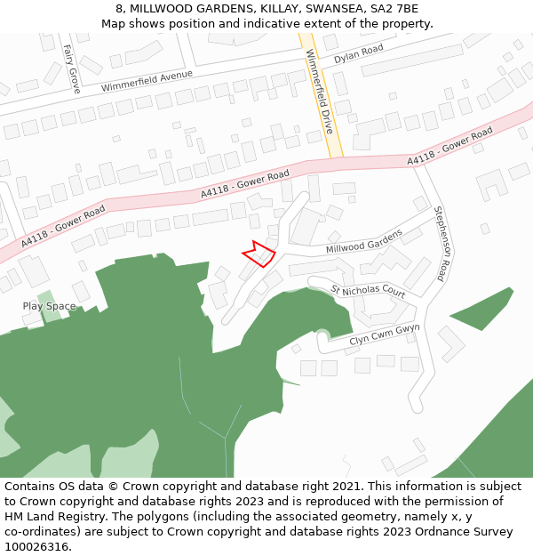 8, MILLWOOD GARDENS, KILLAY, SWANSEA, SA2 7BE: Location map and indicative extent of plot