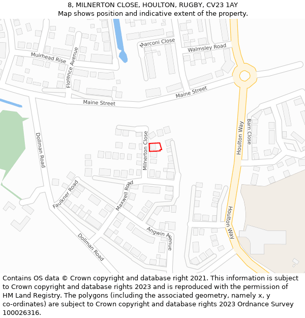 8, MILNERTON CLOSE, HOULTON, RUGBY, CV23 1AY: Location map and indicative extent of plot