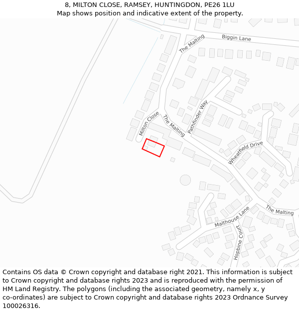 8, MILTON CLOSE, RAMSEY, HUNTINGDON, PE26 1LU: Location map and indicative extent of plot