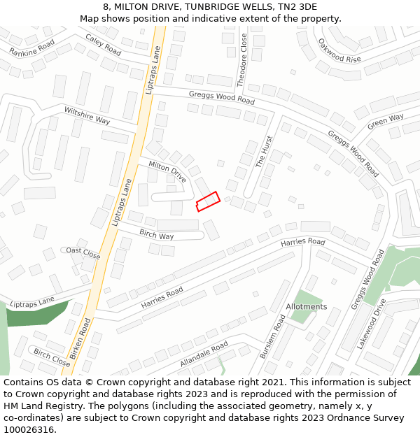 8, MILTON DRIVE, TUNBRIDGE WELLS, TN2 3DE: Location map and indicative extent of plot