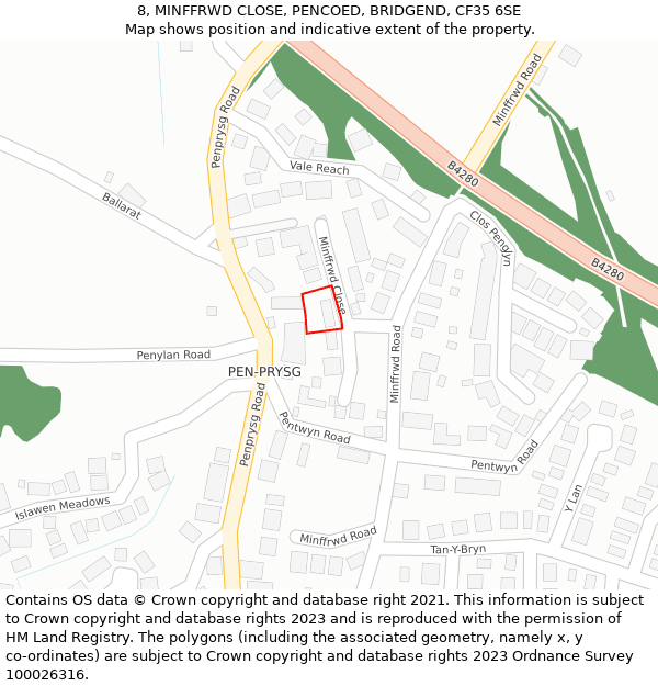 8, MINFFRWD CLOSE, PENCOED, BRIDGEND, CF35 6SE: Location map and indicative extent of plot