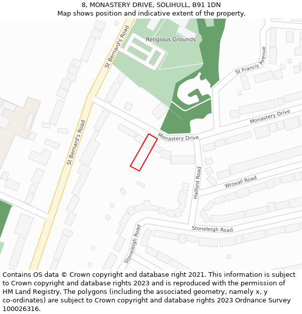 8, MONASTERY DRIVE, SOLIHULL, B91 1DN: Location map and indicative extent of plot