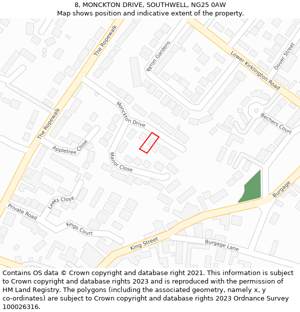 8, MONCKTON DRIVE, SOUTHWELL, NG25 0AW: Location map and indicative extent of plot