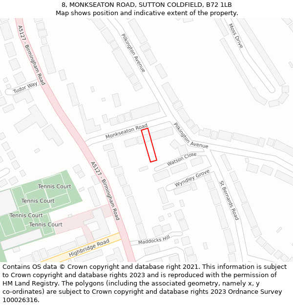 8, MONKSEATON ROAD, SUTTON COLDFIELD, B72 1LB: Location map and indicative extent of plot