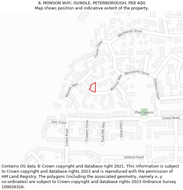 8, MONSON WAY, OUNDLE, PETERBOROUGH, PE8 4QG: Location map and indicative extent of plot