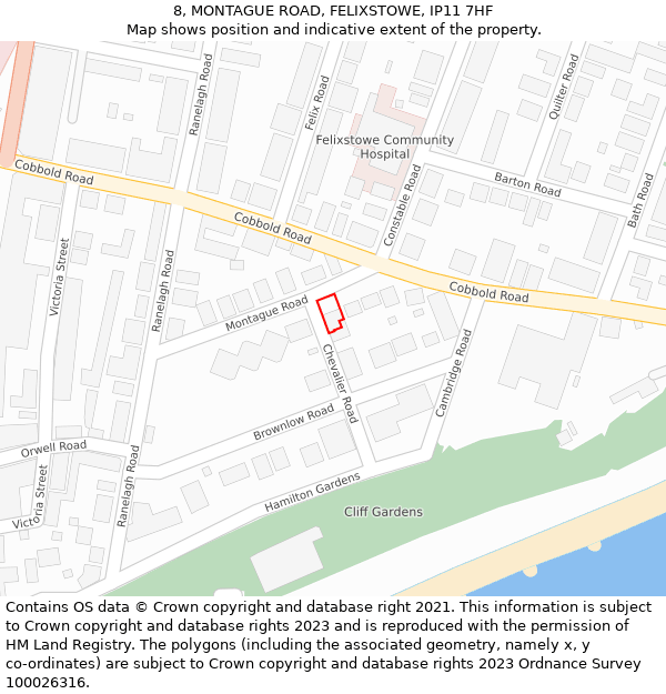 8, MONTAGUE ROAD, FELIXSTOWE, IP11 7HF: Location map and indicative extent of plot