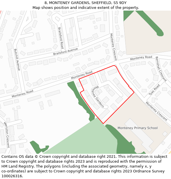 8, MONTENEY GARDENS, SHEFFIELD, S5 9DY: Location map and indicative extent of plot