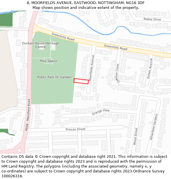 8, MOORFIELDS AVENUE, EASTWOOD, NOTTINGHAM, NG16 3DF: Location map and indicative extent of plot