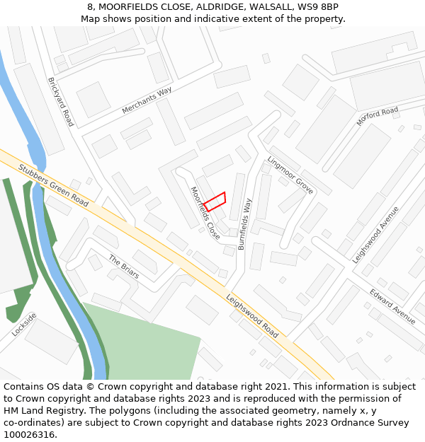 8, MOORFIELDS CLOSE, ALDRIDGE, WALSALL, WS9 8BP: Location map and indicative extent of plot