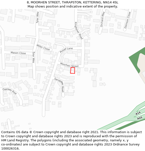 8, MOORHEN STREET, THRAPSTON, KETTERING, NN14 4SL: Location map and indicative extent of plot