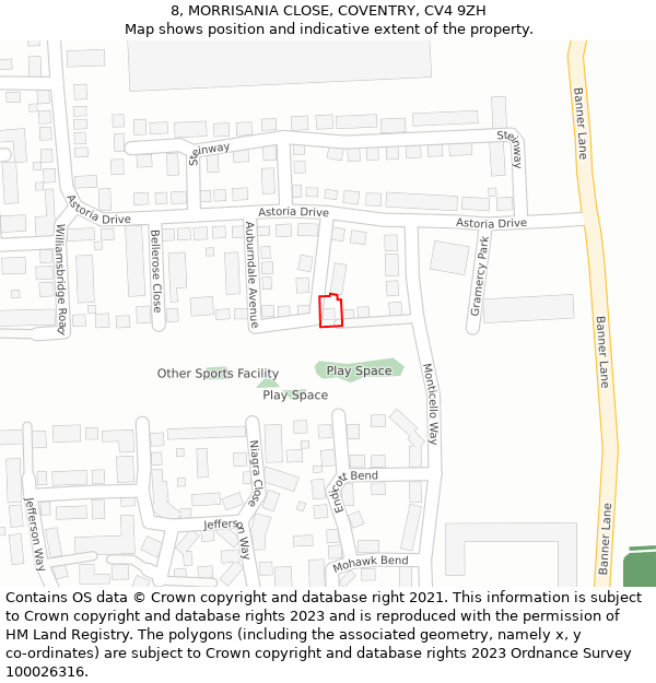 8, MORRISANIA CLOSE, COVENTRY, CV4 9ZH: Location map and indicative extent of plot