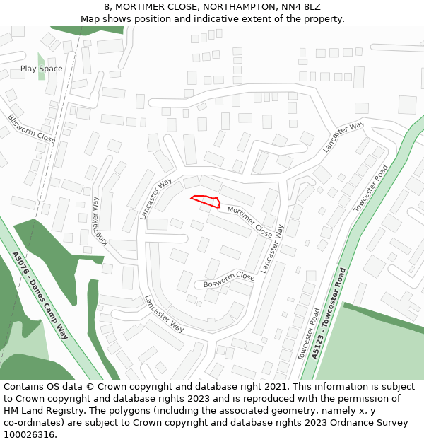 8, MORTIMER CLOSE, NORTHAMPTON, NN4 8LZ: Location map and indicative extent of plot