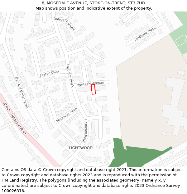 8, MOSEDALE AVENUE, STOKE-ON-TRENT, ST3 7UD: Location map and indicative extent of plot