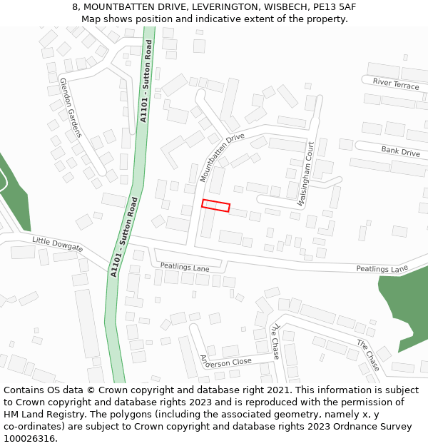 8, MOUNTBATTEN DRIVE, LEVERINGTON, WISBECH, PE13 5AF: Location map and indicative extent of plot