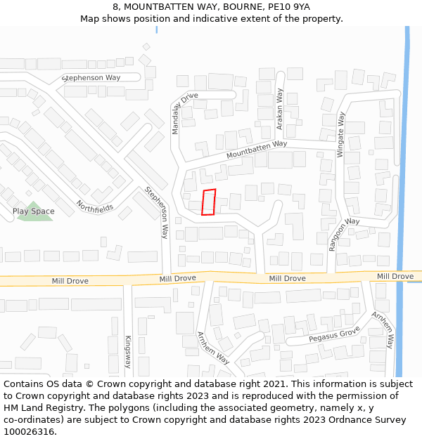 8, MOUNTBATTEN WAY, BOURNE, PE10 9YA: Location map and indicative extent of plot