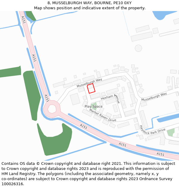 8, MUSSELBURGH WAY, BOURNE, PE10 0XY: Location map and indicative extent of plot