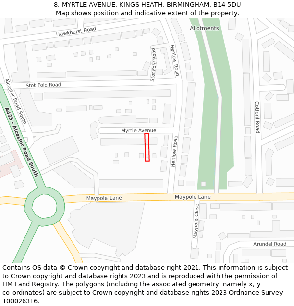 8, MYRTLE AVENUE, KINGS HEATH, BIRMINGHAM, B14 5DU: Location map and indicative extent of plot