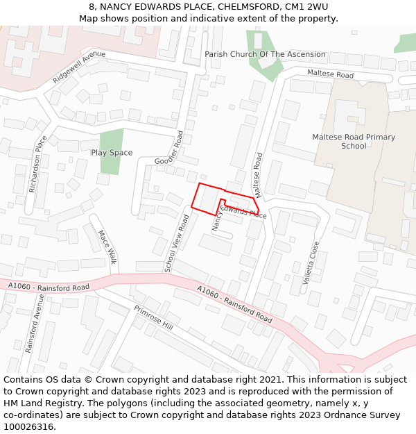 8, NANCY EDWARDS PLACE, CHELMSFORD, CM1 2WU: Location map and indicative extent of plot