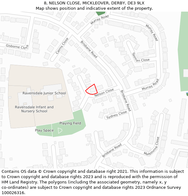 8, NELSON CLOSE, MICKLEOVER, DERBY, DE3 9LX: Location map and indicative extent of plot