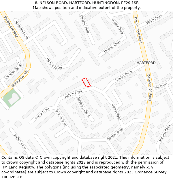 8, NELSON ROAD, HARTFORD, HUNTINGDON, PE29 1SB: Location map and indicative extent of plot