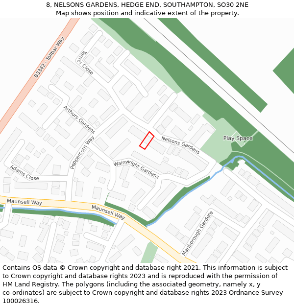 8, NELSONS GARDENS, HEDGE END, SOUTHAMPTON, SO30 2NE: Location map and indicative extent of plot